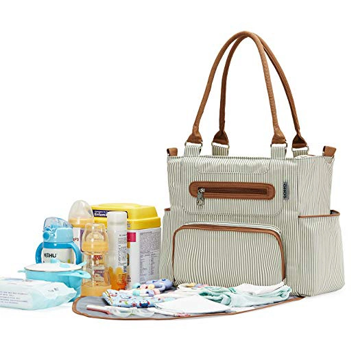 Diaper Bag 7 Pieces Set Nappy Tote Bag Large Capacity Insulated Unisex Multifuncation Waterproof Includes Changing Pad Stroller Straps Stripe