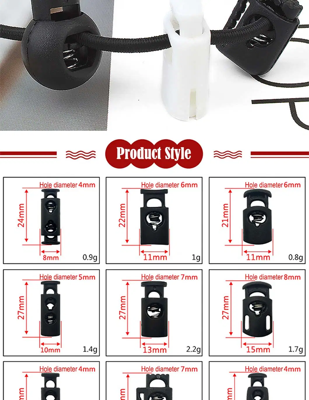 High Quality Fashion Adjustable Double 2 Hole Black White Plastic Cord Stopper Spring Oval Cord Lock